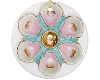 Adorno de cerámica con forma de flor de concha y plato de ostra antiguo / Decoración de árbol navideño de dos caras