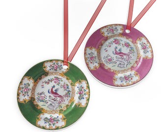 Chinoiserie Reversible Pink and Green Cockatrice Metal Ornament | Porcelain Pattern Holiday Décor
