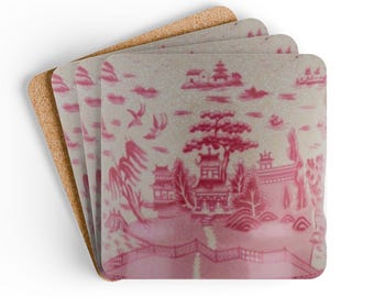 Hardboard Pink Chinoiserie Coasters with Cork Bottom (Set of 4)