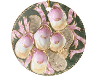 Antique Oyster Plate Pink Magnolia Illustration Ornament | Ceramic Round Two-Sided Print