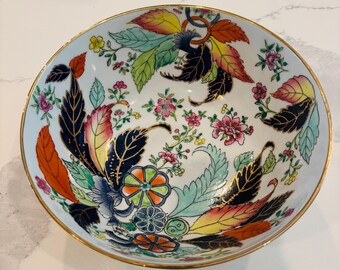 Bol floral con forma de hoja de tabaco asiática de 8x5,5 pulgadas, estilo chinoiserie.