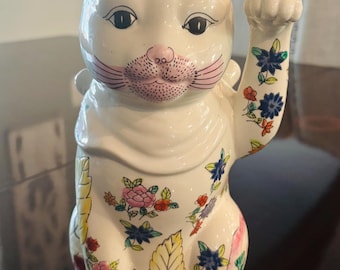 Vintage 1930s Porcelain Maneki Neko, Hand-Painted, Luck and Harmony Tobacco Leaf 9.5”