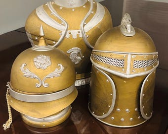 Vintage Bar Barware Medeival Knight 3pc Set  German-style spiked Pickelhaube helmet and a medieval knight helmet and breastplate decanter