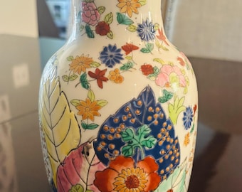 Vintage Tobacco Leaf Pattern Hand-Painted Ceramic Vase, 10"