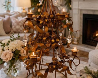 Antique French-Style, Flowered & Candled Chandelier, 100 + Years Old, Brass 23”