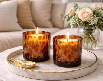 Handmade Tortoiseshell Glass Candle 4” Soy Wax And Your Scent Choice - Vanilla, Sage, Day at the Spa or Lemongrass. Can mix n match