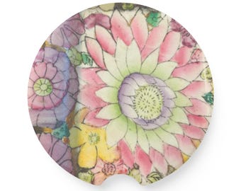 Posavasos de coche de esteatita con estampado floral de acuarela de estilo chinoiserie asiático, color rosa dorado y peonía / Inserto para portavasos de coche con diseño de girasol