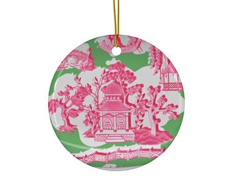 Pink Chinoiserie Pagoda Ceramic Ornament | Round, Square, Heart, Oval