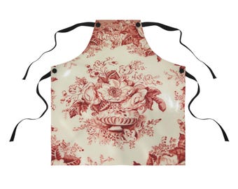 Vintage Toile Floral Apron | Red Floral Kitchen Apron