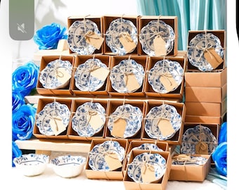 Chinoiserie trinket dish with gift box and tag - blue 3.3 inch each - wedding * Christmas * birthday * party favor