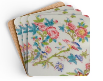 Vintage Floral Minton Chinoiserie Pattern Hardboard Coasters with Cork Bottom | Set of 4