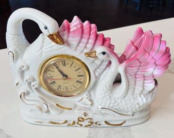 Vintage Japanese White Swan clock with pink feathers lusterware 10” long