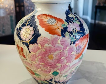 Jarrón de cerámica pintado a mano con diseño de hojas de tabaco asiáticas vintage, 21,5 cm (8,5 pulgadas) de estilo chinoiserie.