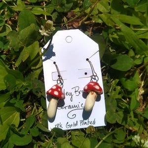 Handmade Ceramic Mushroom Earrings: 18k Gold Plated Hooks