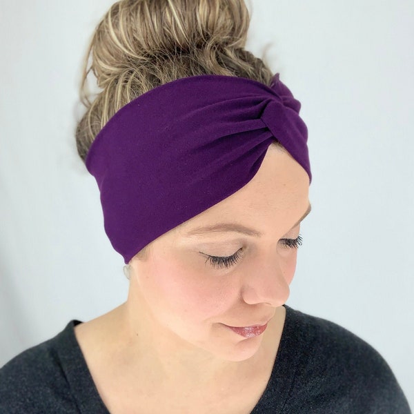 Dark Purple Twisted Headband | Handmade Headbands for Women | Wide Ear Saver Hairband for Face Masks | Boho Chic Head Wrap