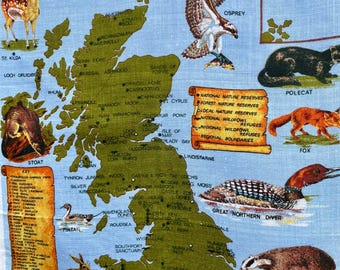 Vintage Linen Tea Towel – British Nature Parks Map, Birds & Animals