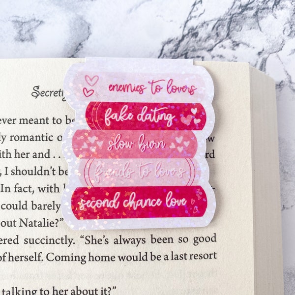 Sparkly Book Stack Romance Trope Magnetic Bookmark | Holographic Bibliophile Page Marker | Book Lover Present | Bookish Gift for Readers