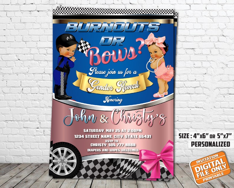 Burnouts or Bows Invitation Gender Reveal Invitation Baby Etsy