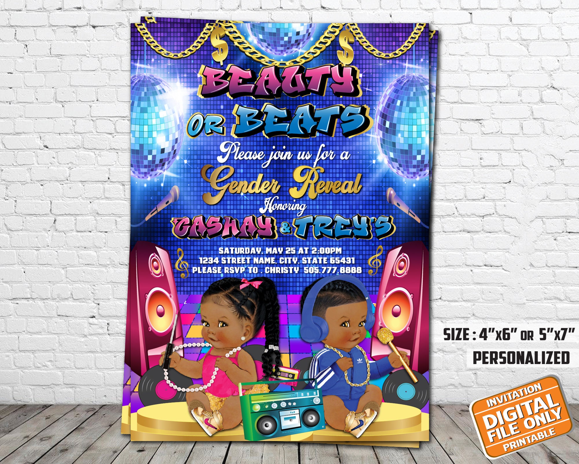 Beauty or Beats Gender Reveal Invitation, Hip Hop Gender Reveal, Digital Invitation