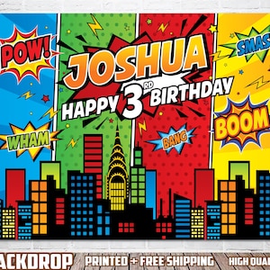 May include: A colorful comic book style backdrop with a cityscape and the text "POW! JOSHUA HAPPY 3RD BIRTHDAY WHAM BANG BOOM SMASH BACKDROP PRINTED + FREE SHIPPING HIGH QUALITY"