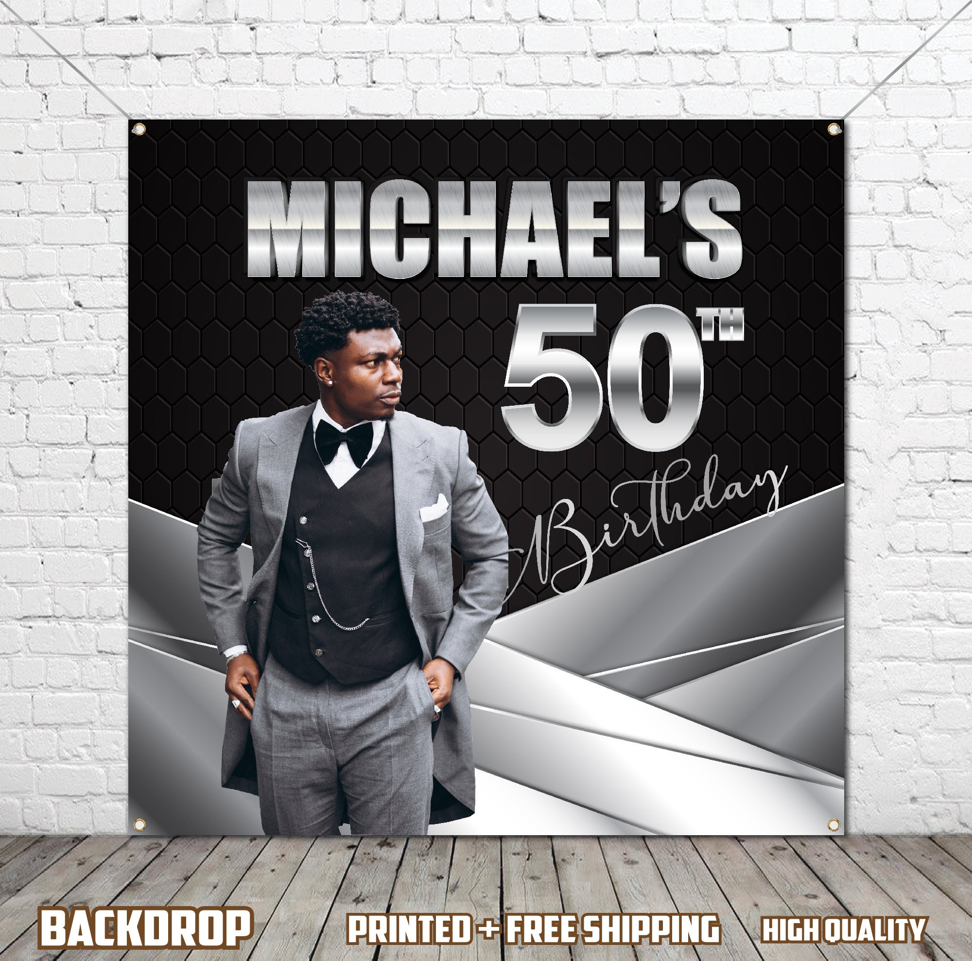 Black Silver Photo Birthday Backdrop