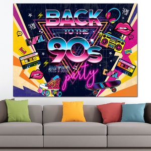May include: A colorful backdrop with the text "Back to the 90s Retro Party" in neon pink and blue lettering. The background features a variety of 90s-themed graphics, including cassette tapes, roller skates, a skateboard, and a boombox.