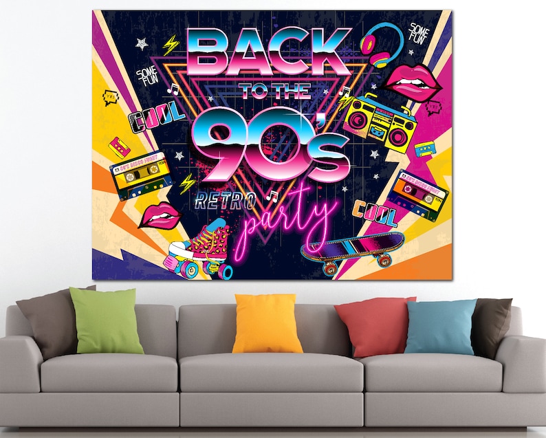 May include: A colorful backdrop with the text "Back to the 90s Retro Party" in neon pink and blue lettering. The background features a variety of 90s-themed graphics, including cassette tapes, roller skates, a skateboard, and a boombox.