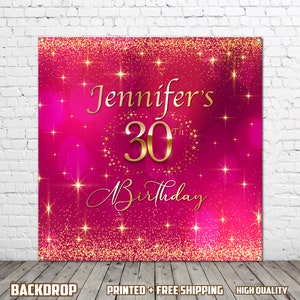 May include: Pink and gold birthday backdrop with glitter and stars. The text reads "Jennifer's 30th Birthday".