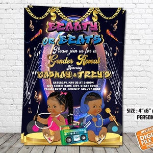 Beauty or Beats Gender Reveal Invitation, Black Hip Hop Invitation, Hip Hop Baby Shower Invitation, Digital File