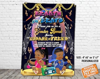 Beauty or Beats Gender Reveal Invitation, Black Hip Hop Invitation, Hip Hop Baby Shower Invitation, Digital File