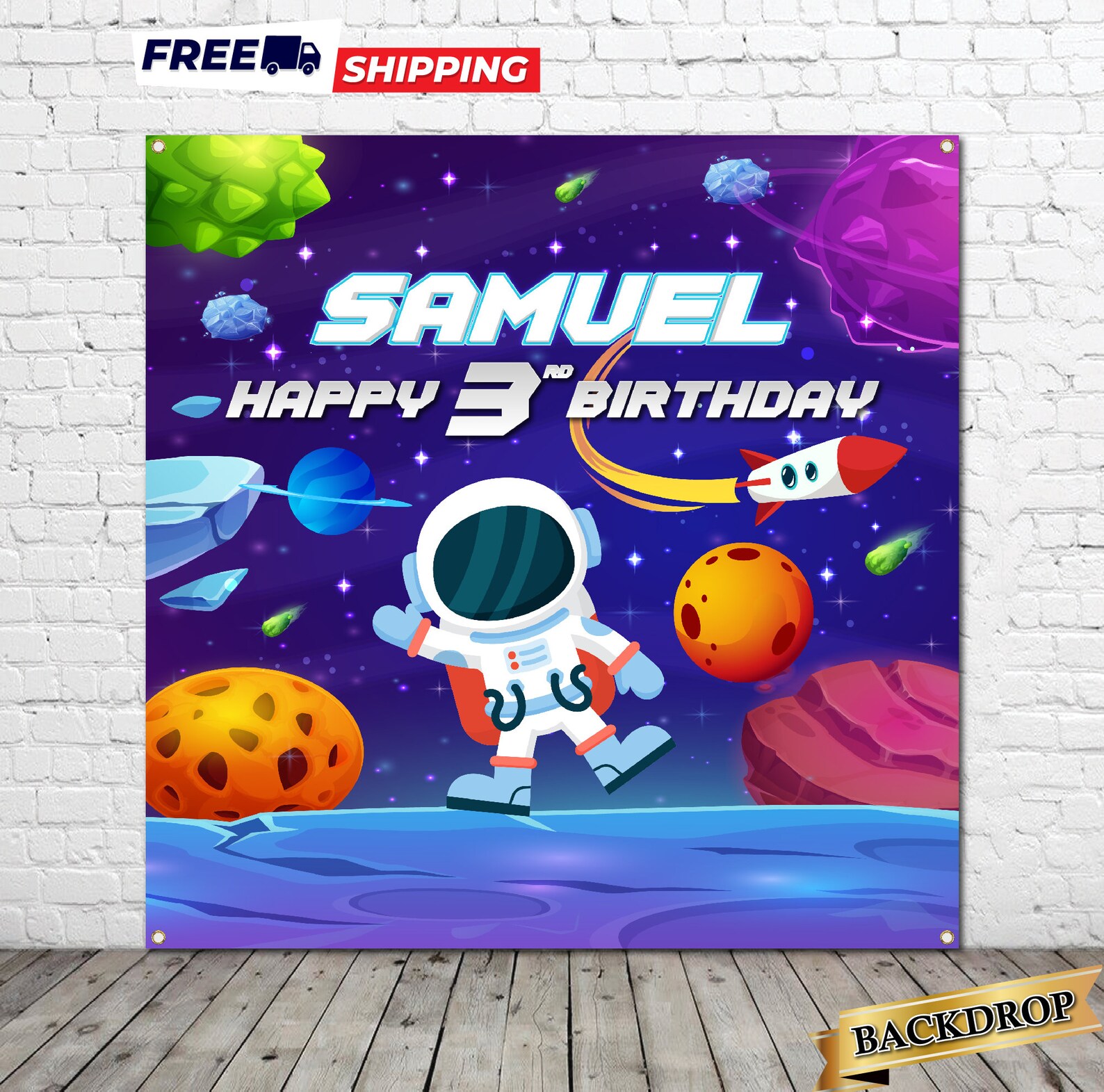 Glitter Cosmos Astronaut Round Birthday Backdrop Kit
