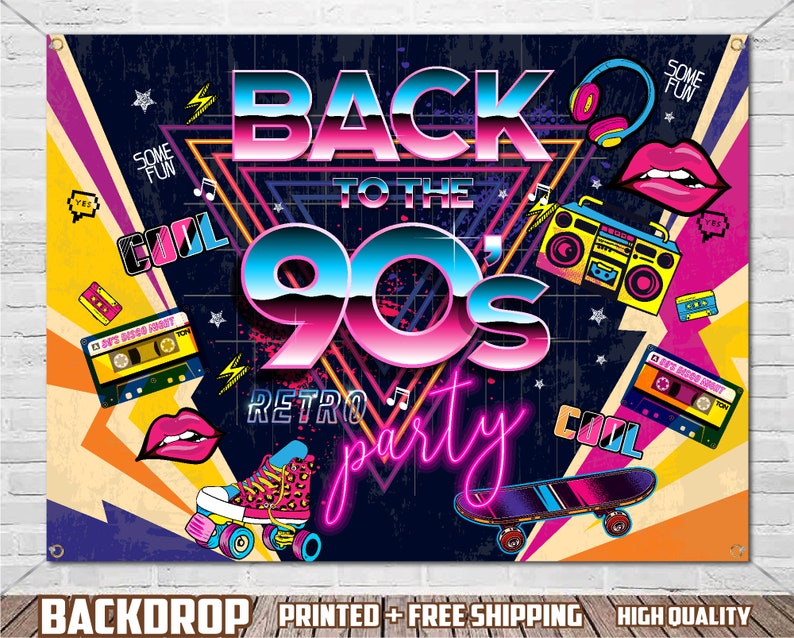 May include: A colorful backdrop with the text "Back to the 90's Retro Party" in neon pink and blue lettering. The backdrop features a variety of 90's themed graphics, including cassette tapes, boomboxes, roller skates, and skateboards.