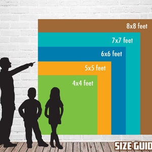 May include: Size guide for a backdrop with different sizes, ranging from 4x4 feet to 8x8 feet. The backdrop is shown in green, yellow, blue, and brown.