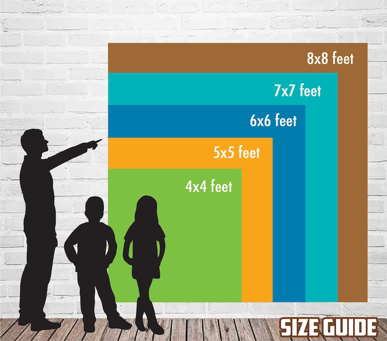May include: Size guide for a backdrop with different sizes, ranging from 4x4 feet to 8x8 feet. The backdrop is shown in green, yellow, blue, and brown.