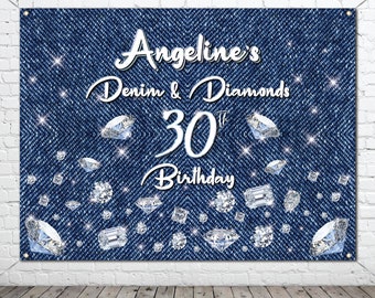 May include: A blue denim backdrop with silver glitter and diamonds. The text "Angeline's Denim & Diamonds 30th Birthday" is written in white cursive font.