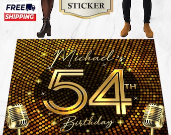 May include: Gold and black floor sticker with a disco ball background. The sticker features the text "Michael's 54th Birthday" with a large gold number 54 and two gold microphones.