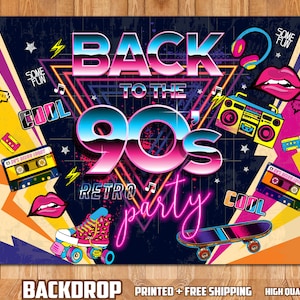 May include: A colorful backdrop with a retro 90s theme. The backdrop features the text "Back to the 90's Retro Party" in neon pink and blue lettering. Other elements include cassette tapes, a boombox, roller skates, and a skateboard.