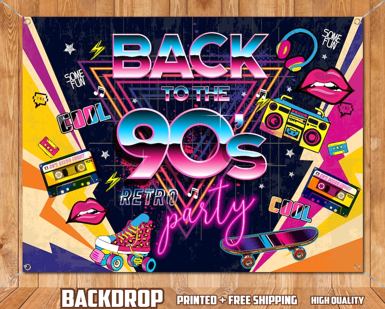 May include: A colorful backdrop with a retro 90s theme. The backdrop features the text "Back to the 90's Retro Party" in neon pink and blue lettering. Other elements include cassette tapes, a boombox, roller skates, and a skateboard.