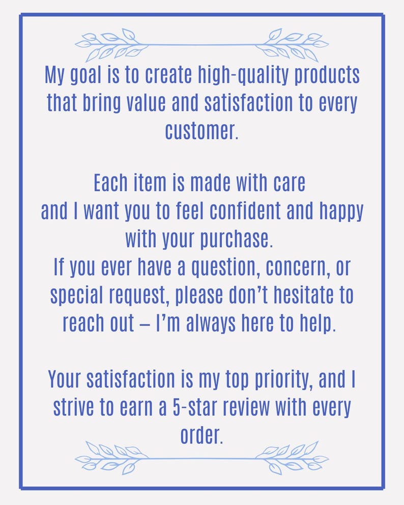 Puede incluir: Una tarjeta rectangular blanca con borde azul y texto. El texto dice: "Mi objetivo es crear productos de alta calidad que aporten valor y satisfacci&oacute;n a cada cliente." El texto adicional enfatiza la satisfacci&oacute;n del cliente y el soporte.