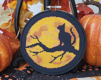 Black Cat and Moon Cross Stitch Pattern: Halloween Spooky Design (PDF Pattern)