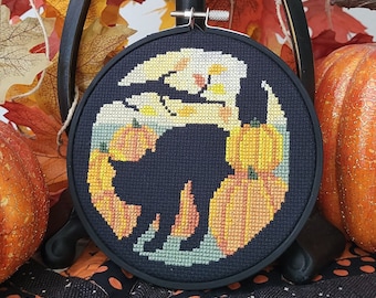 Black Cat and Pumpkins Cross Stitch Pattern: Halloween Autumn Design (PDF Pattern)