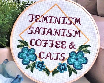 Feminism Satanism Coffee Cats Cross Stitch Pattern: Quirky Subversive Design (PDF Pattern)