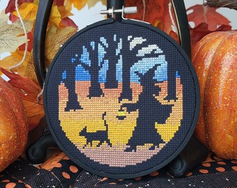 Black Cat Witch Cross Stitch Pattern: Halloween Witchy Design (PDF Pattern)
