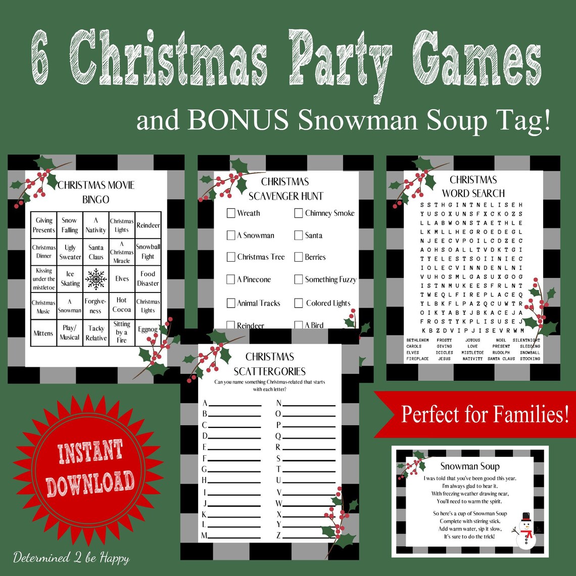 6 Christmas Party Games W/ Bonus Snowman Soup Tag Printables for Family