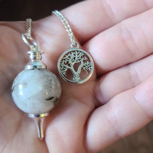 Rainbow Moonstone Sephoroton Pendulum with Tree of Life Fob, Ball/Sphere Pendulum, Crystal Pendulum w/ Protective Organza Storage Bag