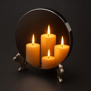 May include: A decorative candle holder with a circular, dark mirror reflecting four lit, ivory-colored pillar candles. The holder has a silver-colored, ornate base with three feet. The candles have bright yellow flames, creating a warm, inviting ambiance.