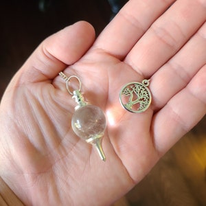 Crystal/Clear/ White/Rock Quartz Sephoroton, Ball, Sphere Pendulum w/ Tree of Life FOB,  w/ Organza Storage Bag
