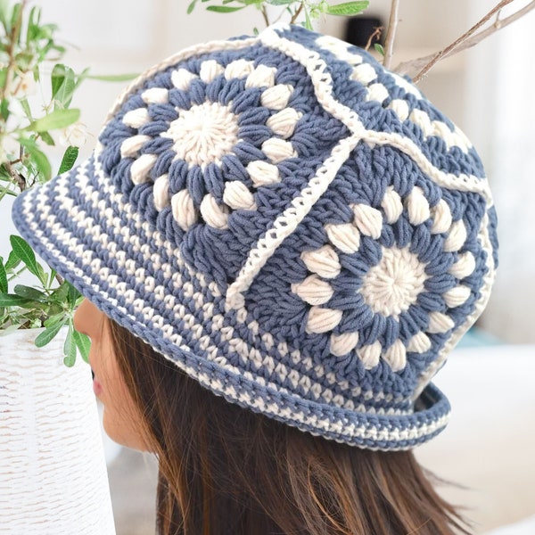 Granny Square Bucket Hat | Crochet Pattern | Sunburst Square Bucket Hat | Crochet Summer Hat | Women's Bucket Hat