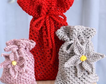 Small, Medium and Large Drawstring Crochet Gift Bag Pattern
