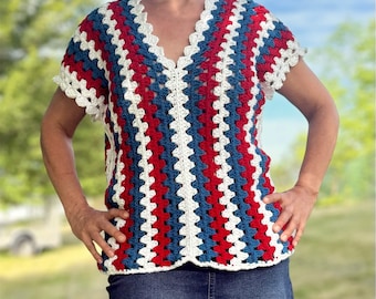 Summer Crochet Top Pattern, 4th of July Patriotic Tee (PDF Download, XS-5XL)